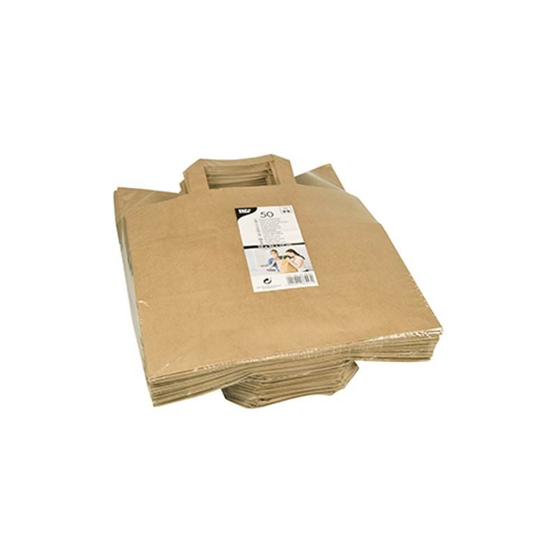 Comprar 50 Bolsas de papel con asa 25 cm x 26 cm x 17 cm color marrón en Pepebar