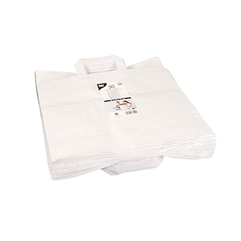 Comprar 50 Bolsas de papel con asa 27 cm x 32 cm x 17 cm color blanco en Pepebar
