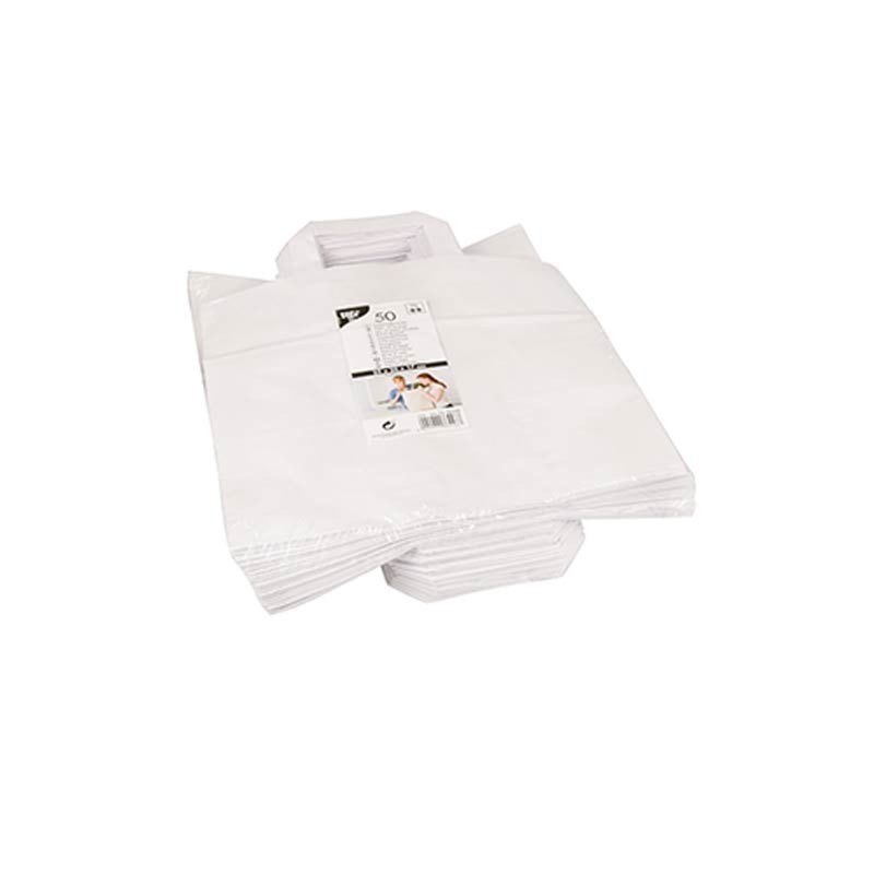 Comprar 50 Bolsas de papel con asa 25 cm x 26 cm x 17 cm color blanco en Pepebar