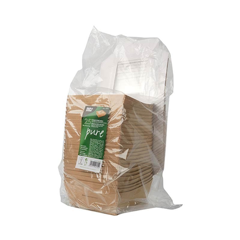 Comprar 25 Envases cuadrados de cartón con ventana de PLA para especialidades 750 ml 14 cm x 14 cm x 5 cm en Pepebar