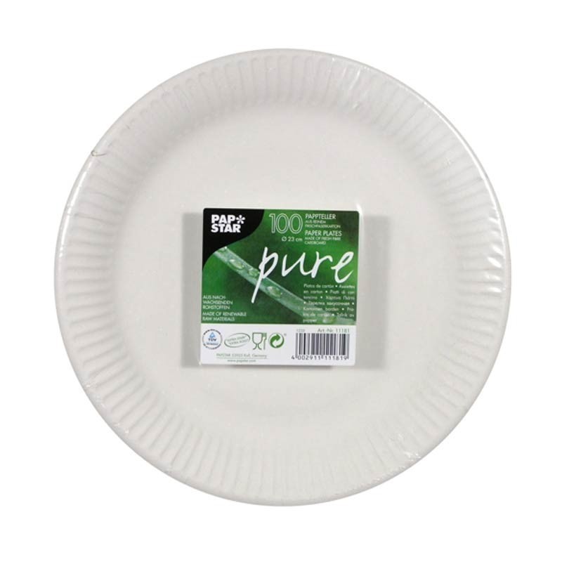 Comprar 100 Platos, cartón biodegradable gama Pure redondo Ø 23 cm blanco extra resistente en Pepebar