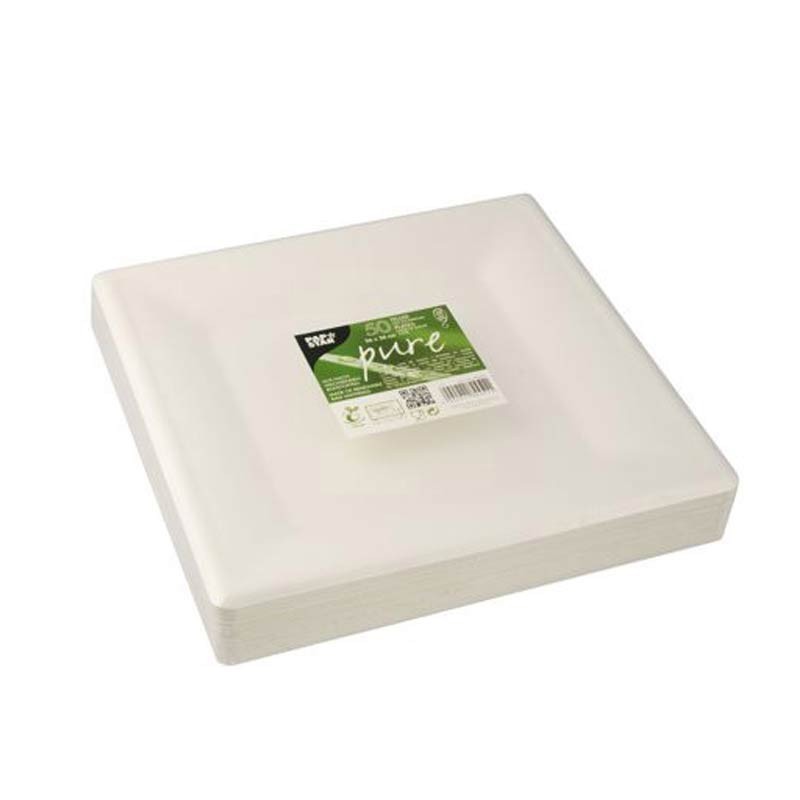Comprar 50 Platos de caña de azúcar biodegradable gama Pure cuadrado 26 cm x 26 cm blanco en Pepebar