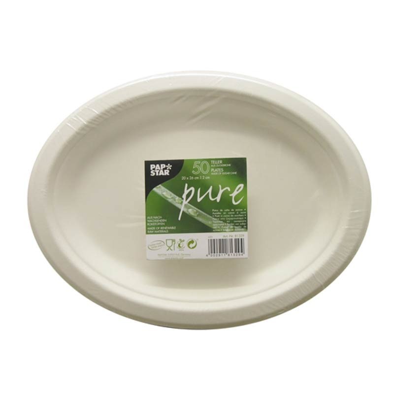 Comprar 50 Platos de caña de azúcar biodegradable gama Pure oval 26 cm x 20 cm x 2 cm blanco en Pepebar