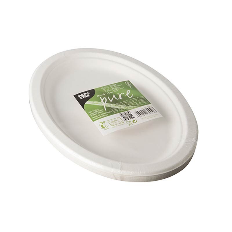 12 Platos de caña de azúcar biodegradable gama Pure oval 26 cm x 20 cm x 2 cm blanco Comprar 12 Platos de caña de azúcar biodegradable gama Pure oval 26 cm x 20 cm x 2 cm blanco en Pepebar
