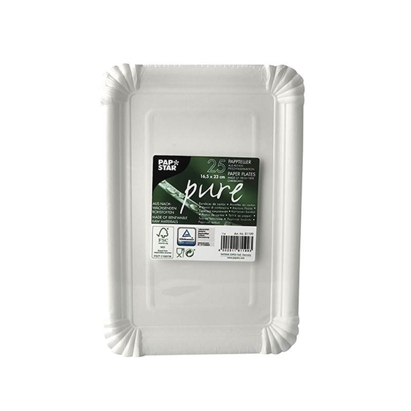 Comprar 25 Platos, cartón biodegradable gama Pure cuadrado 16,5 cm x 23 cm blanco en Pepebar