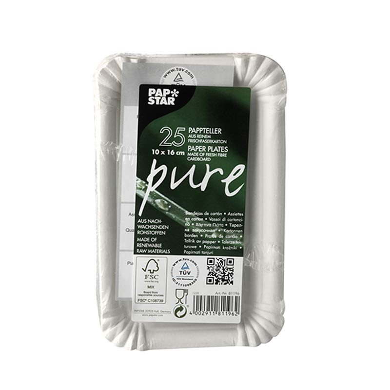Comprar 25 Platos, cartón biodegradable gama Pure cuadrado 10 cm x 16 cm blanco en Pepebar