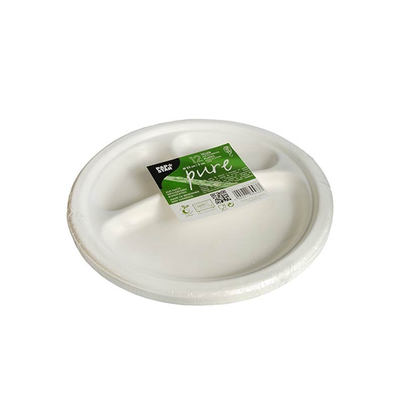 12 Platos de caña de azúcar biodegradable gama Pure 3 compartimentos Ø 23 cm · 2 cm blanco Comprar 12 Platos de caña de azúcar biodegradable gama Pure 3 compartimentos Ø 23 cm · 2 cm blanco en Pepebar