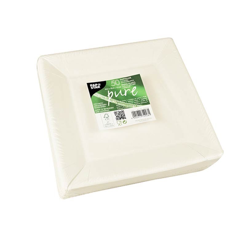 Comprar 50 Platos, cartón biodegradable gama Pure cuadrado 22,5 cm x 22,5 cm x 1,8 cm blanco en Pepebar