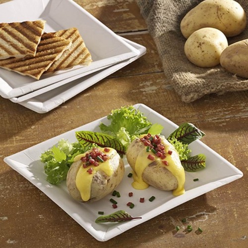 Comprar 50 Platos, cartón biodegradable gama Pure cuadrado 22,5 cm x 22,5 cm x 1,8 cm blanco en Pepebar