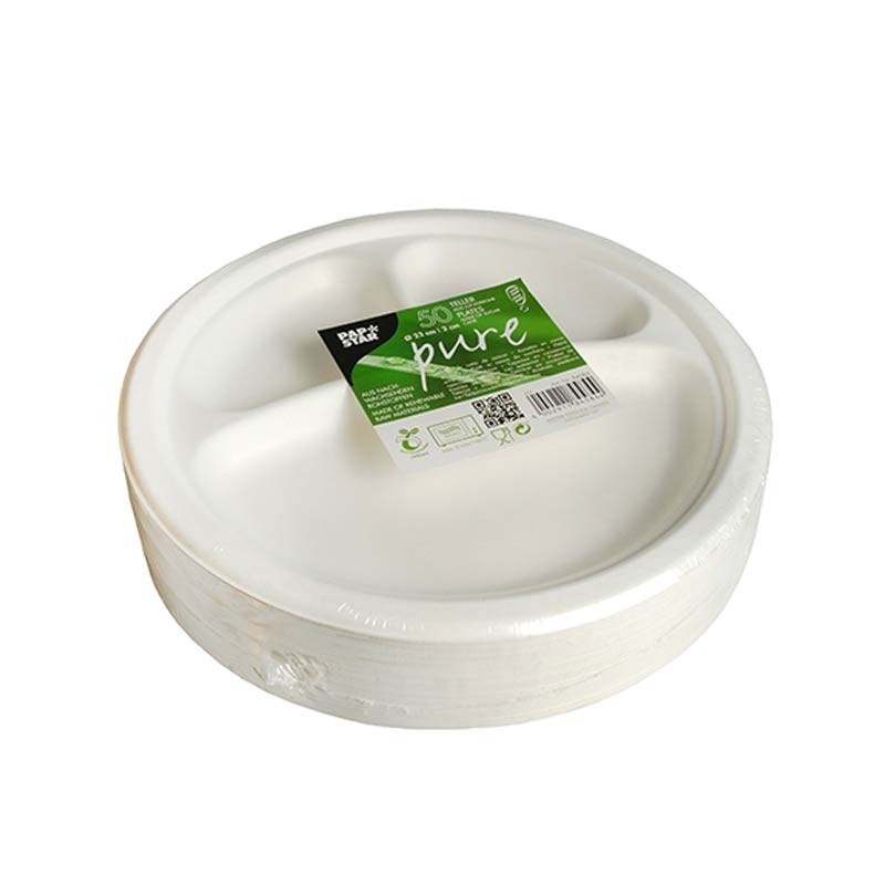 Comprar 50 Platos de caña de azúcar biodegradable gama Pure 3 compartimentos Ø 23 cm · 2 cm blanco en Pepebar