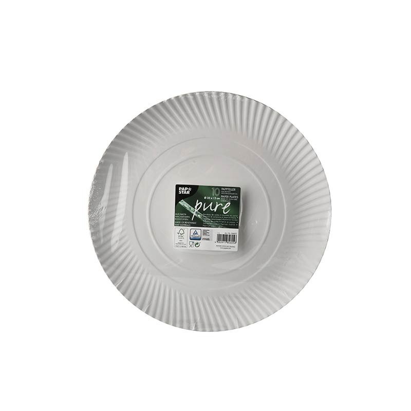 ⊛ Platos biodegradables ✓ 100 Platos, cartón biodegradable gama Pure  redondo Ø 32 cm · 2 cm blanco