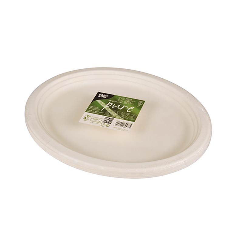 Comprar 12 Platos de caña de azúcar biodegradable gama Pure oval 32 cm x 25,5 cm x 2 cm blanco en Pepebar