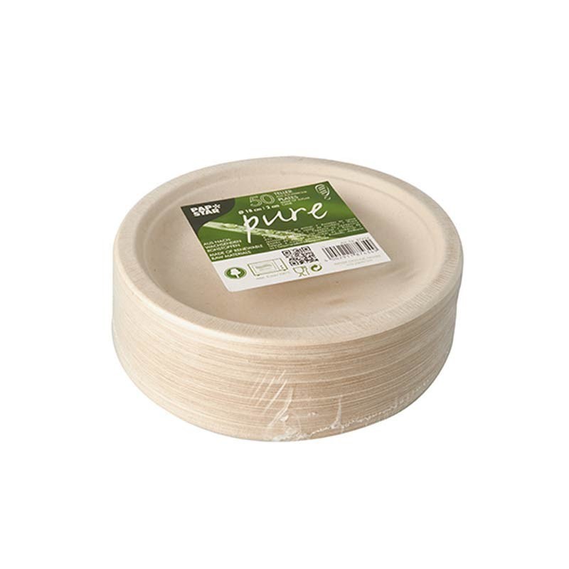 Comprar 50 Platos de caña de azúcar biodegradable gama Pure sin compartimentos Ø 18 cm · 2 cm natural en Pepebar