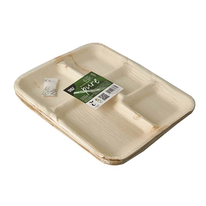 Comprar 6 Platos, Hoja de palma biodegradable gama Pure 5 compartimentos 27 cm x 21,5 cm x 2 cm en Pepebar