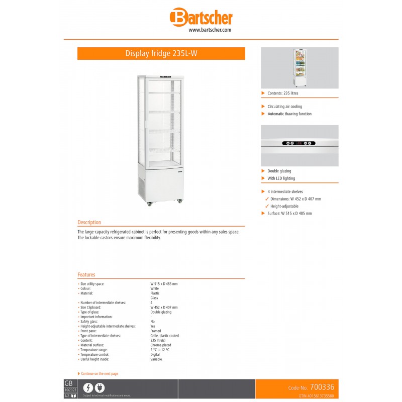 Vitrina refrigeradora 235L-W Bartscher 700336 Comprar Vitrina refrigeradora 235L-W Bartscher 700336 en Pepebar