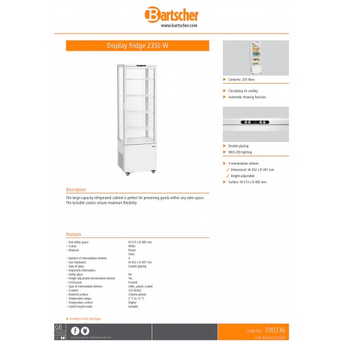 Vitrina refrigeradora 235L-W Bartscher 700336 Comprar Vitrina refrigeradora 235L-W Bartscher 700336 en Pepebar