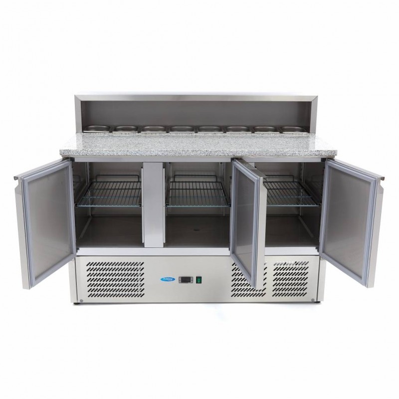 Comprar Mesa refrigerada de preparación 137 cm 3 puertas para 8 x 1/6 gn con tapa de acero inoxidable en Pepebar