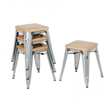 Comprar Taburetes bajos galvanizados con asiento de madera Bolero Bistro 4 unidades GM634 en Pepebar
