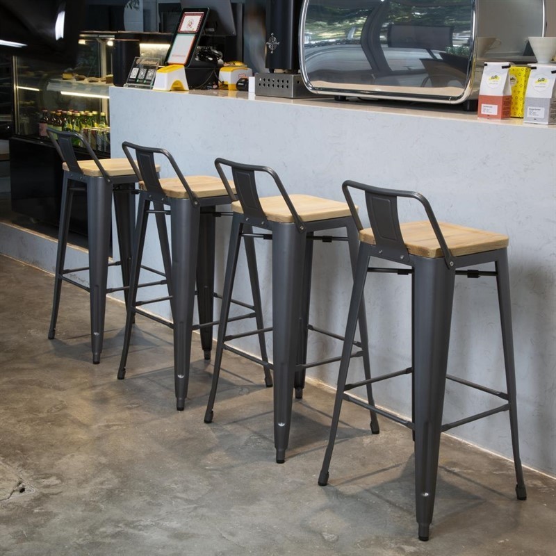 Comprar Taburetes Altos con Respaldo Asiento de Madera Gun Metal Bolero Bistro 4 unidades FB624 en Pepebar