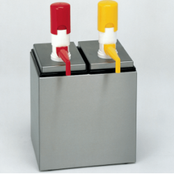 Dosificadores inox grupo 3 con recipientes rectangulares de plástico negro 2,5 litros - Catálogo Dispensadores y dosificadores de salsa