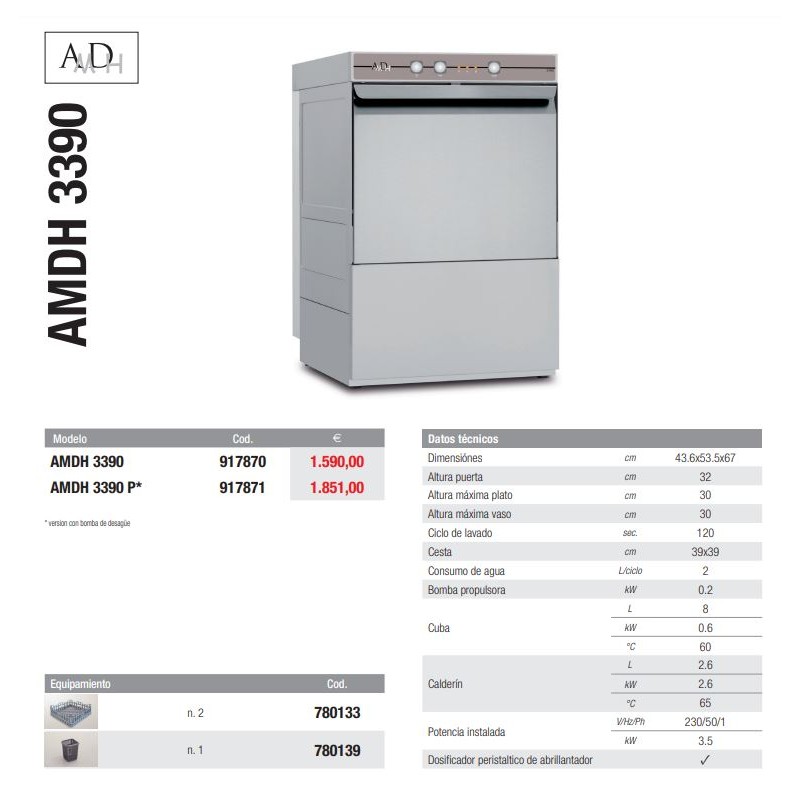 Comprar Lavavasos industrial 39x39 1 cesta con bomba desagüe AMDH 3390 P en Pepebar