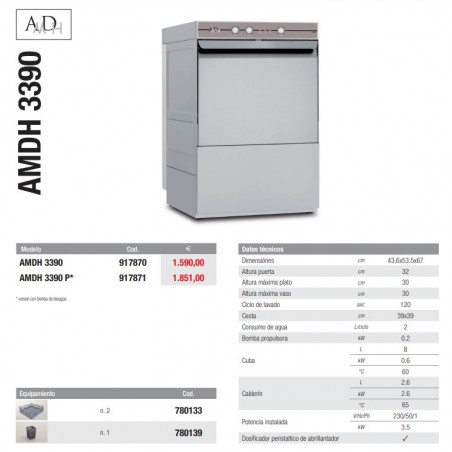 Comprar Lavavasos industrial 39x39 1 cesta con bomba desagüe AMDH 3390 P en Pepebar