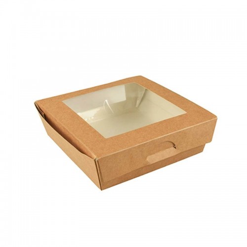 Comprar 25 Envases cuadrados de cartón con ventana de PLA para especialidades 750 ml 14 cm x 14 cm x 5 cm en Pepebar