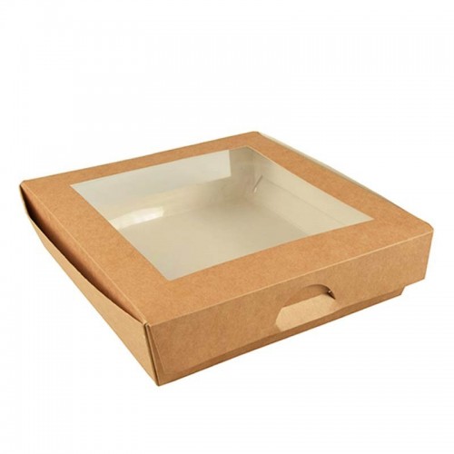 Comprar 25 Envases cuadrados de cartón con ventana de PLA 1500 ml 19 cm x 19 cm x 5 cm en Pepebar