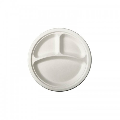Comprar 50 Platos de caña de azúcar biodegradable gama Pure 3 compartimentos Ø 23 cm · 2 cm blanco en Pepebar